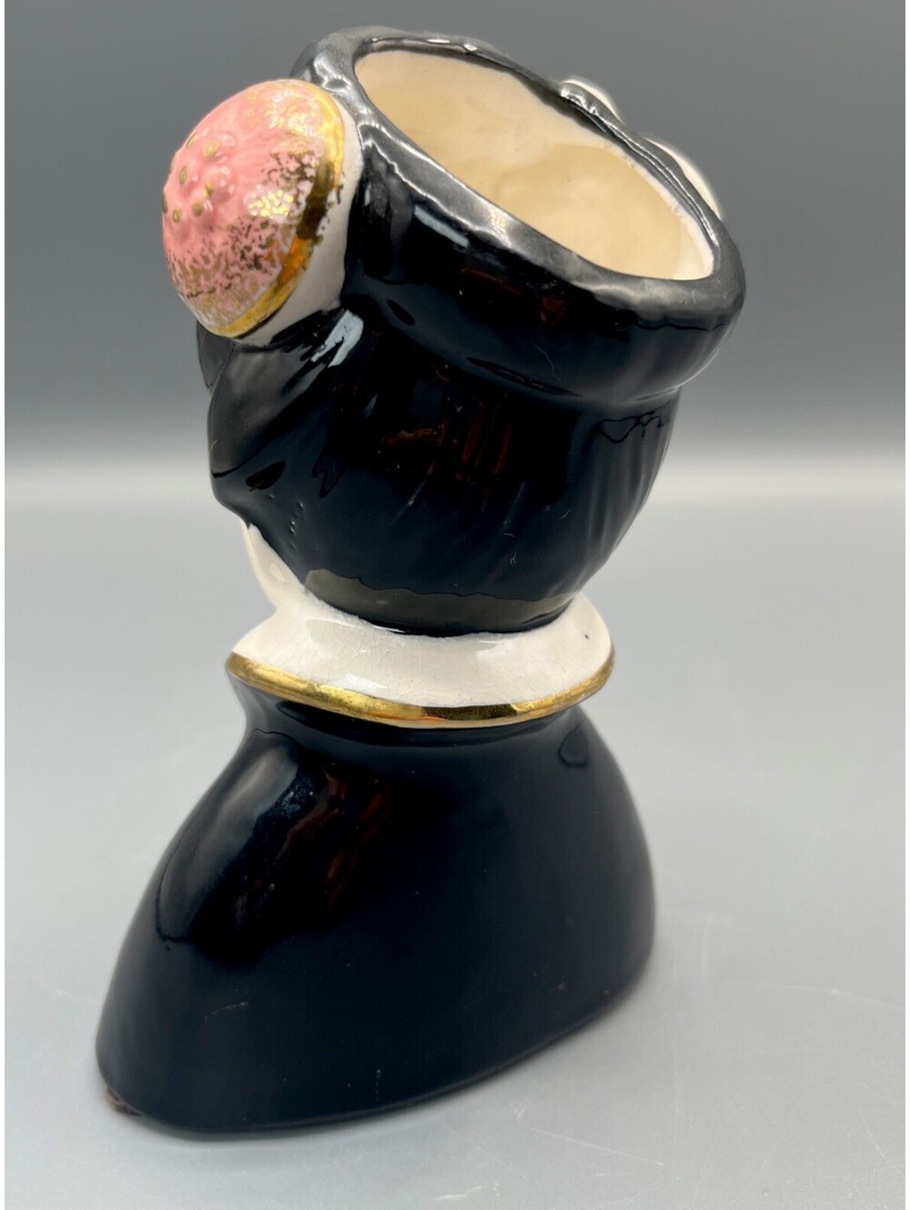 Rare Vintage Japan Geisha Lady Head Vase Black Robe Gold Madame Butterfly MCM - Picture 3 of 11